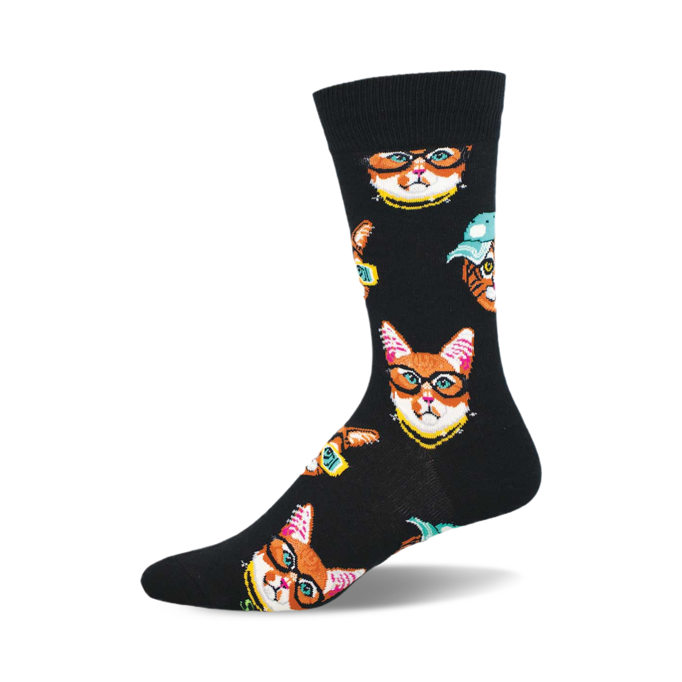 Black crew socks with a repeating pattern of orange cats wearing sunglasses and gold chains.  Other cats wear hats.