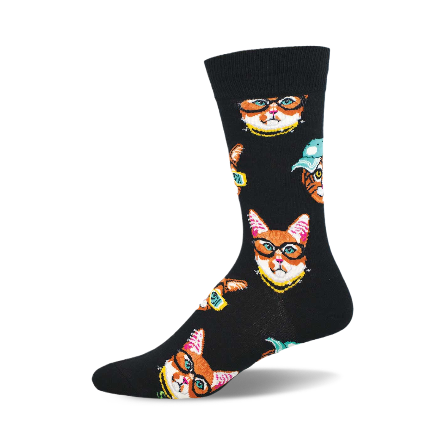 Black crew socks with a repeating pattern of orange cats wearing sunglasses and gold chains.  Other cats wear hats.