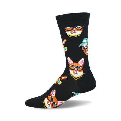 side view of 'one cool cat' socks; black socks with repeated pattern of cool cats wearing sunglasses and gold chains.