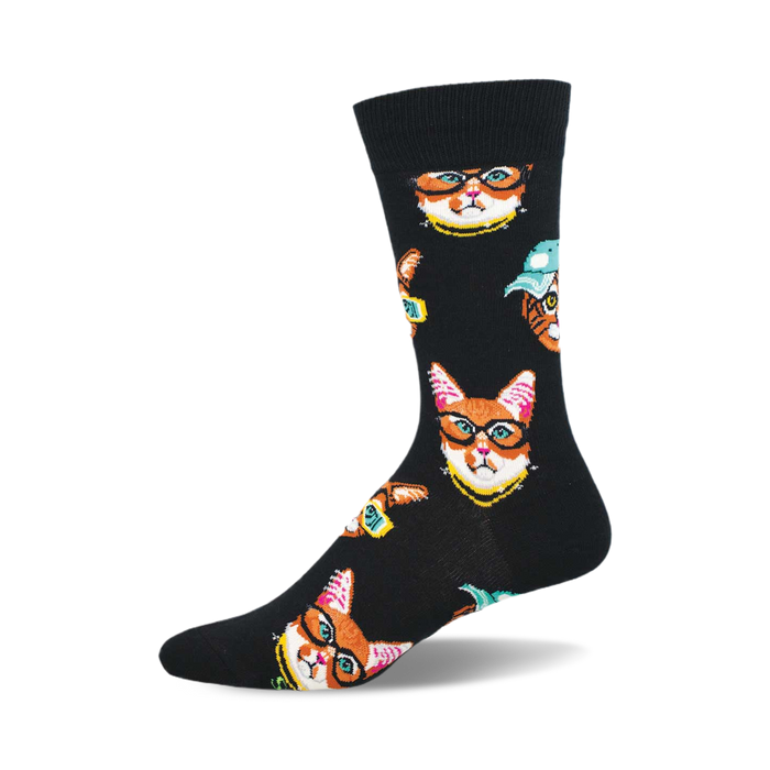 side view of 'one cool cat' socks; black socks with repeated pattern of cool cats wearing sunglasses and gold chains. }}