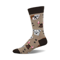 Tan crew socks with brown cuffs featuring repeating images of bulldogs and French bulldogs and paw prints.