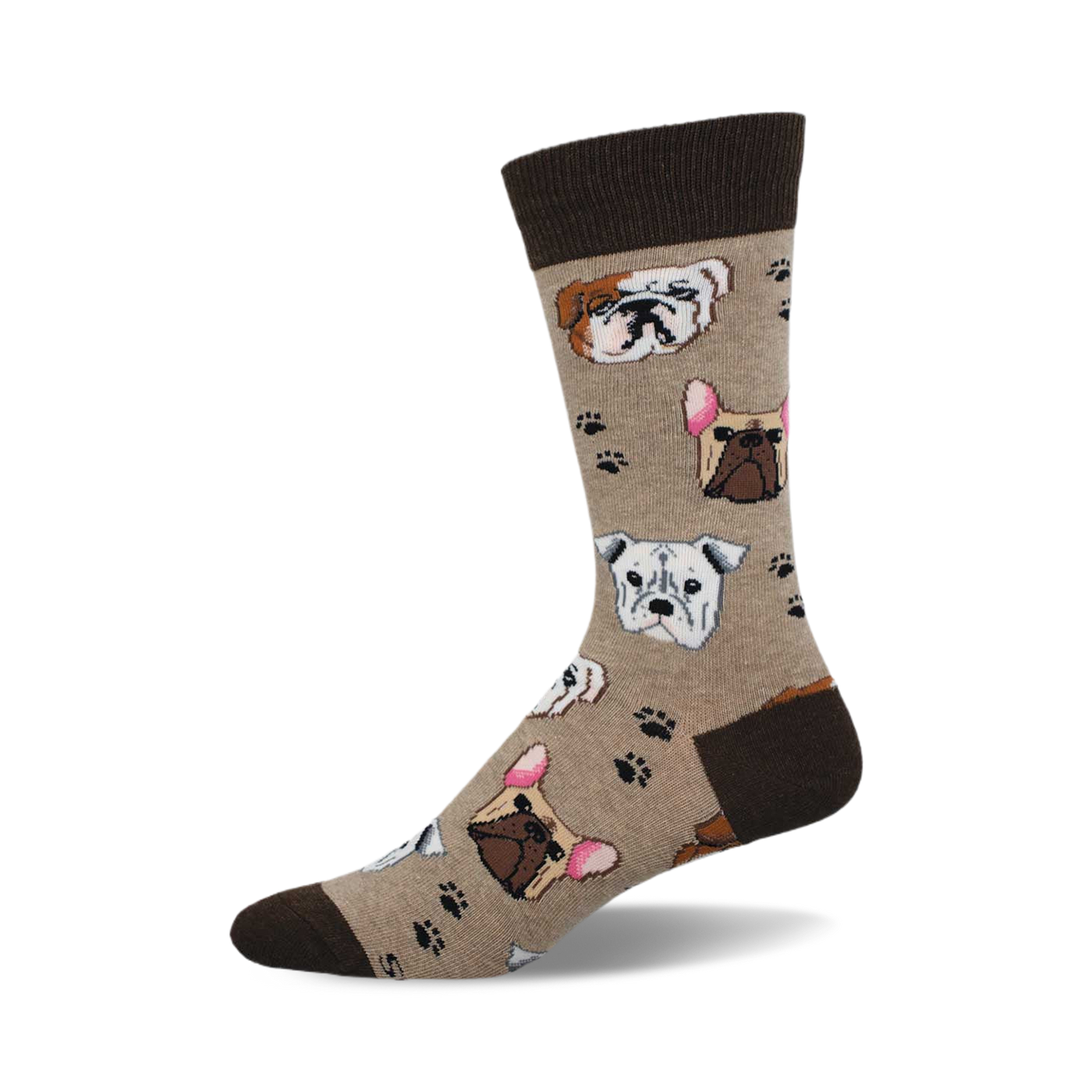 Tan crew socks with brown cuffs featuring repeating images of bulldogs and French bulldogs and paw prints.