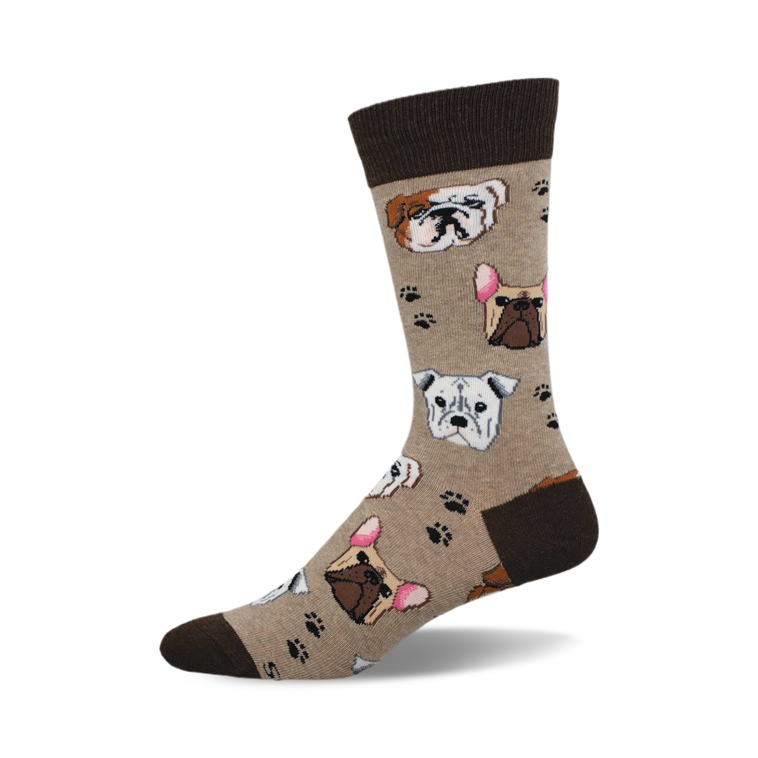 Tan crew socks with brown cuffs featuring repeating images of bulldogs and French bulldogs and paw prints.