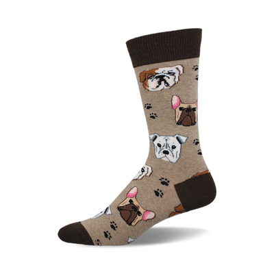 side view of bully mugs socks. tan socks feature various bulldog faces and paw prints.  fun dog socks.