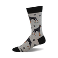 Crew socks in grey with black Doberman Pinscher dogs and paw prints. Black cuff.