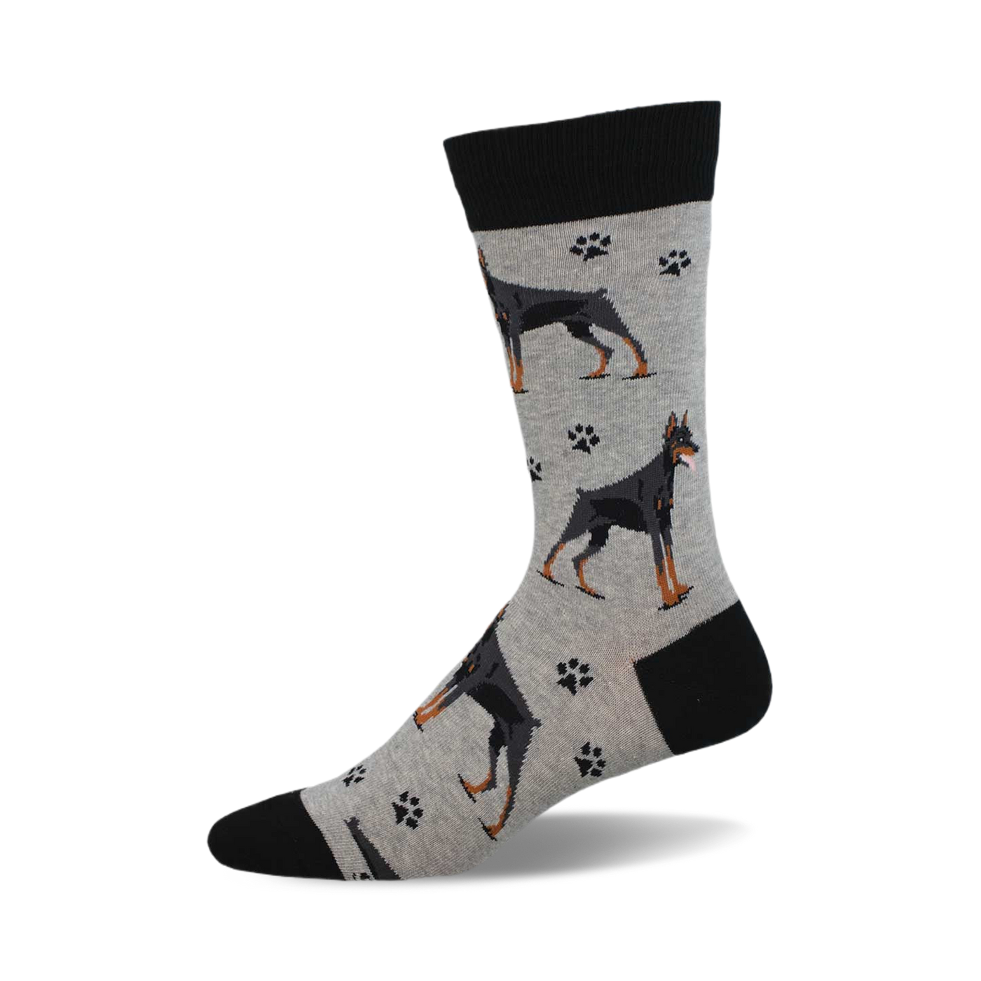 Crew socks in grey with black Doberman Pinscher dogs and paw prints. Black cuff.
