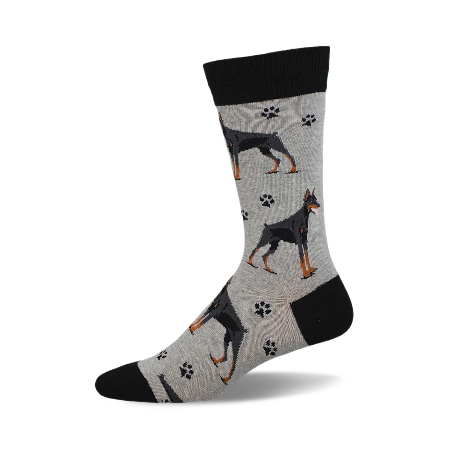 Crew socks in grey with black Doberman Pinscher dogs and paw prints. Black cuff.