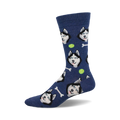 Crew socks in navy blue featuring a pattern of husky dog faces, tennis balls, and bones.  A fun and playful design for dog lovers.