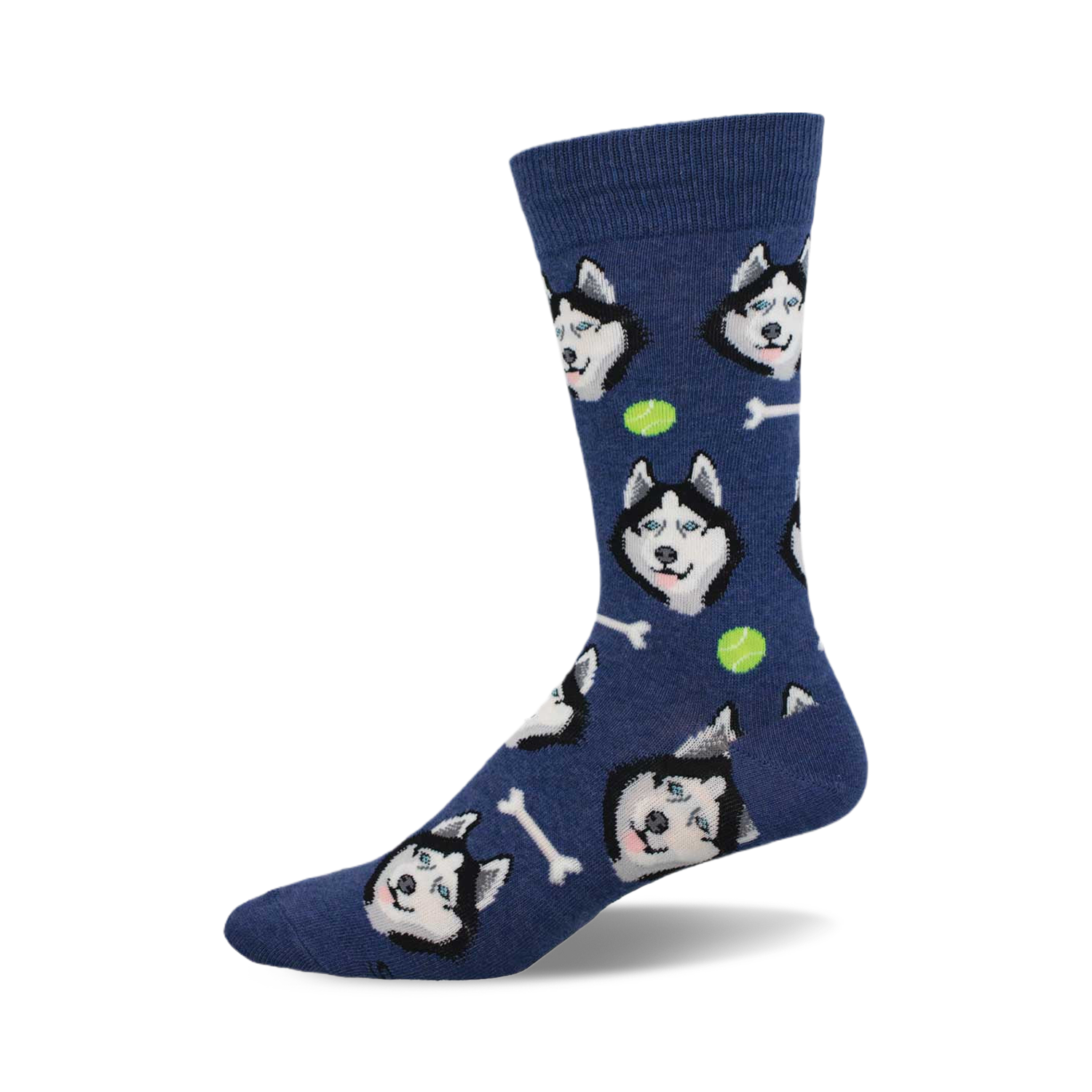 Crew socks in navy blue featuring a pattern of husky dog faces, tennis balls, and bones.  A fun and playful design for dog lovers.