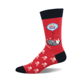 Red crew socks with a possum holding a 'Get Well Soon' balloon, skull and crossbones pattern, and navy blue cuff.