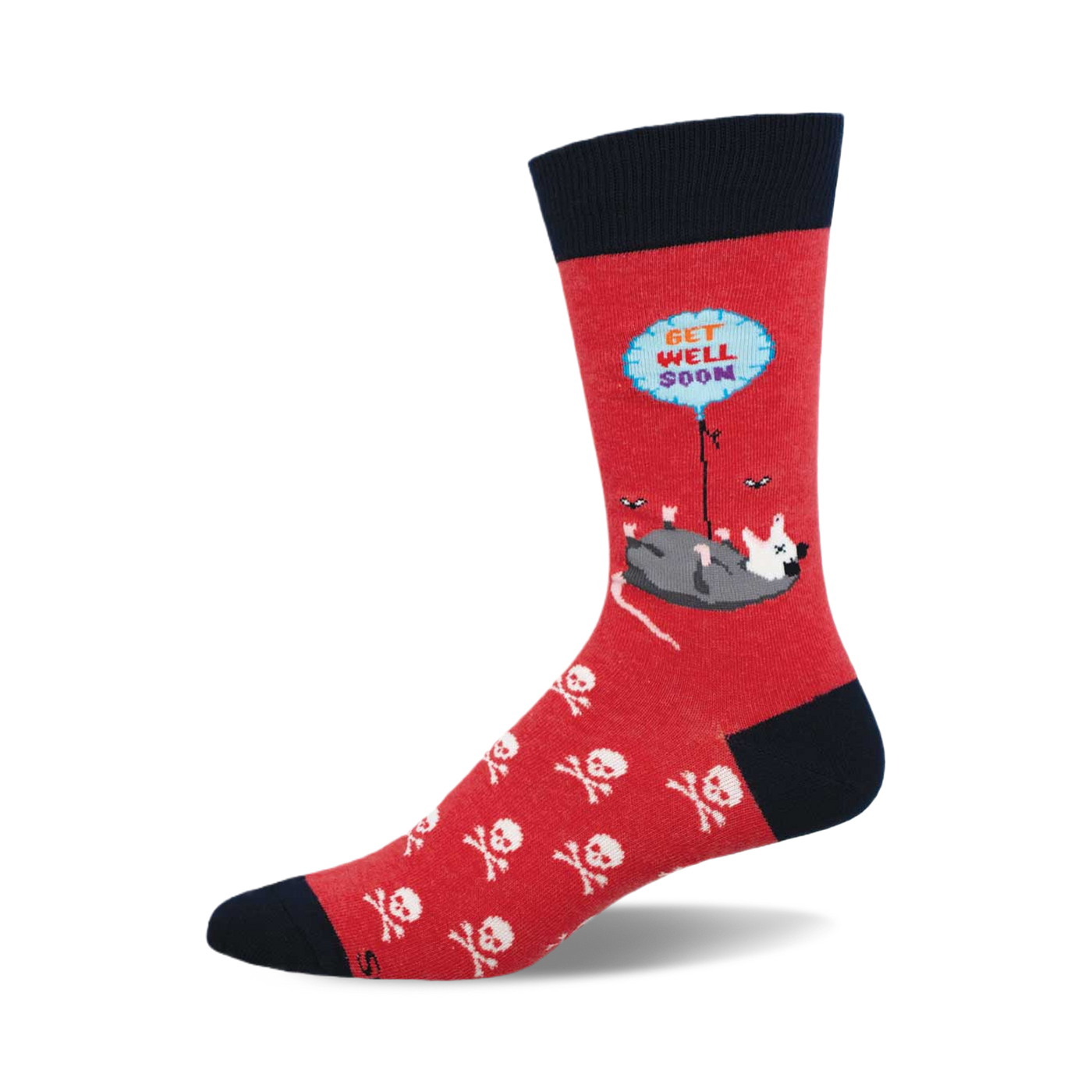 Red crew socks with a possum holding a 'Get Well Soon' balloon, skull and crossbones pattern, and navy blue cuff.