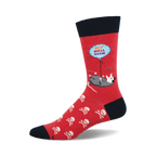 Red crew socks with a possum holding a 'Get Well Soon' balloon, skull and crossbones pattern, and navy blue cuff.