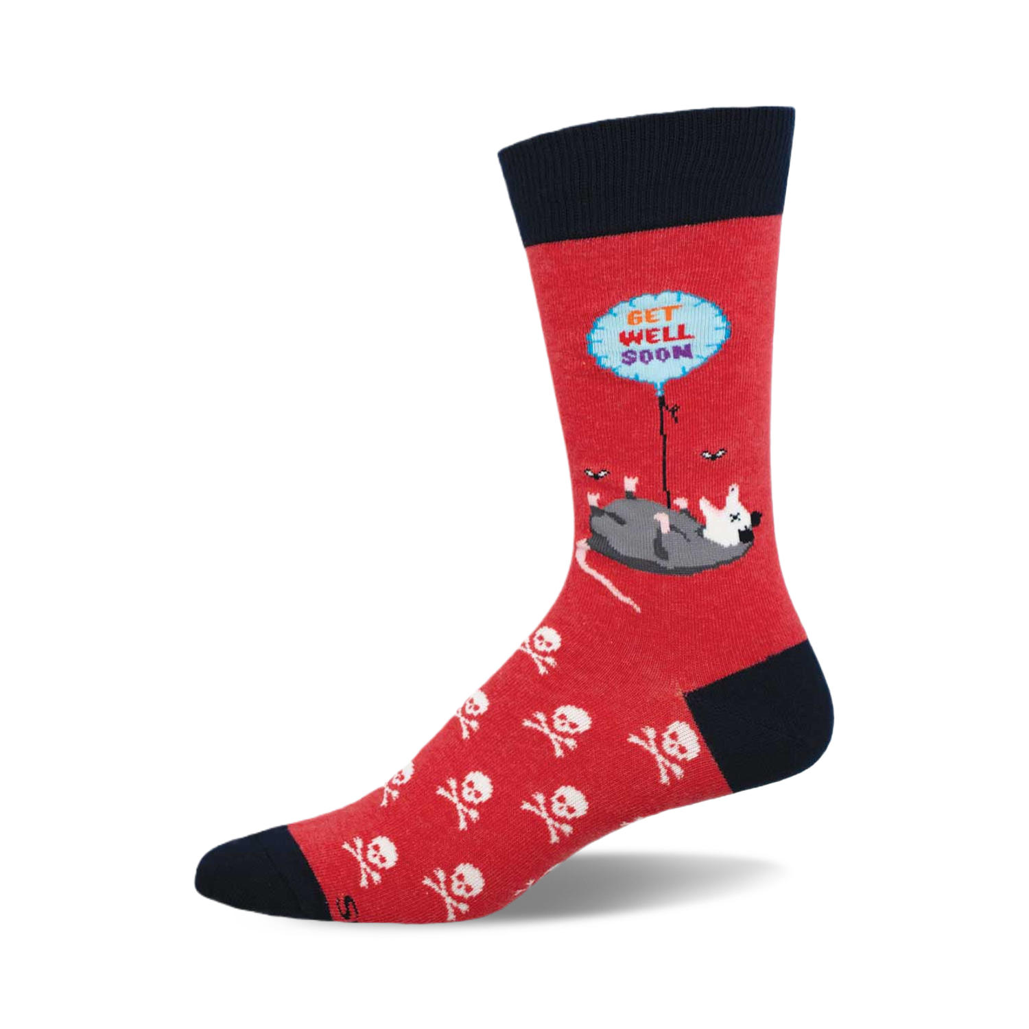 Red crew socks with a possum holding a 'Get Well Soon' balloon, skull and crossbones pattern, and navy blue cuff.