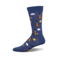 A blue crew sock featuring a repeating pattern of groundhogs in top hats, suns, and clouds. 