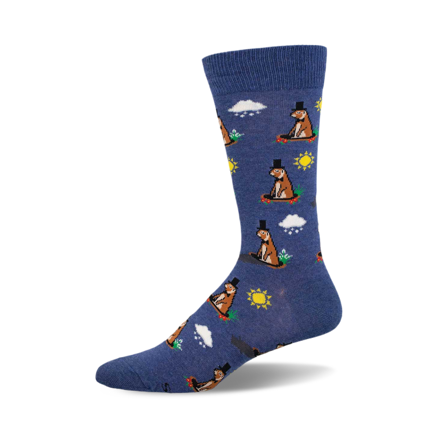A blue crew sock featuring a repeating pattern of groundhogs in top hats, suns, and clouds. 