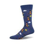A blue crew sock featuring a repeating pattern of groundhogs in top hats, suns, and clouds. 