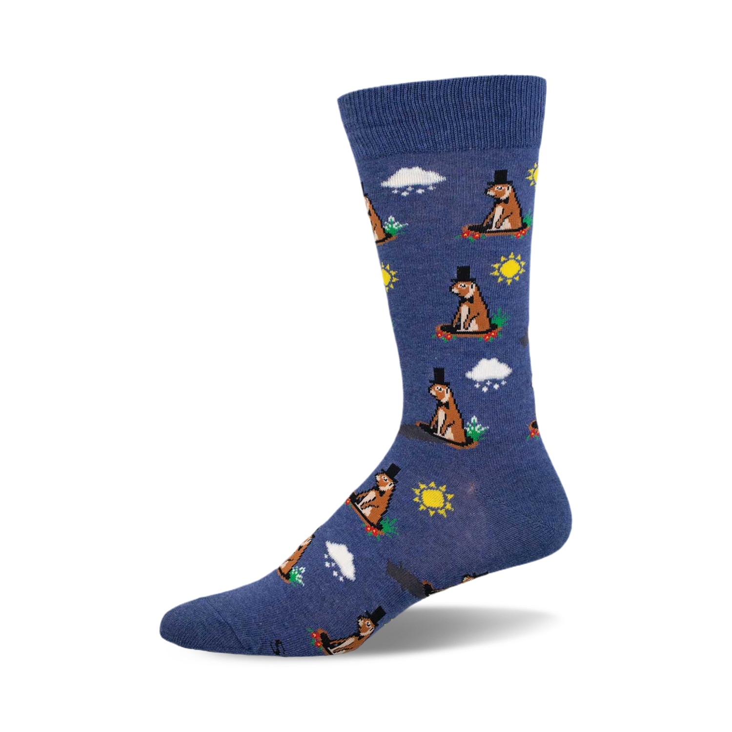 A blue crew sock featuring a repeating pattern of groundhogs in top hats, suns, and clouds. 