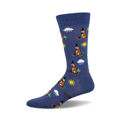 side view of "six more weeks" socks. blue socks feature repeating pattern of groundhogs in top hats, suns, and clouds.