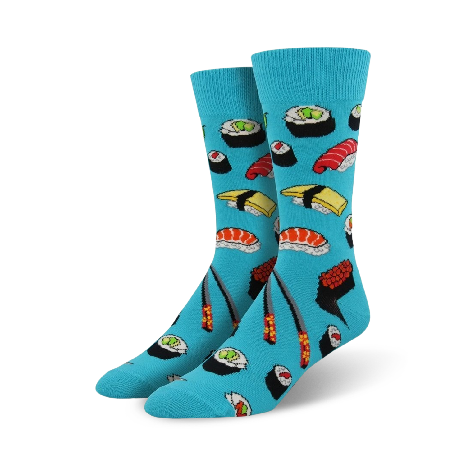 Pair of crew socks in teal, green, and black.  Each features a fun sushi-themed print with different types of sushi, wasabi, and chopsticks.