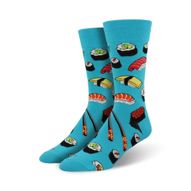 sushi food & drink themed mens blue novelty crew socks