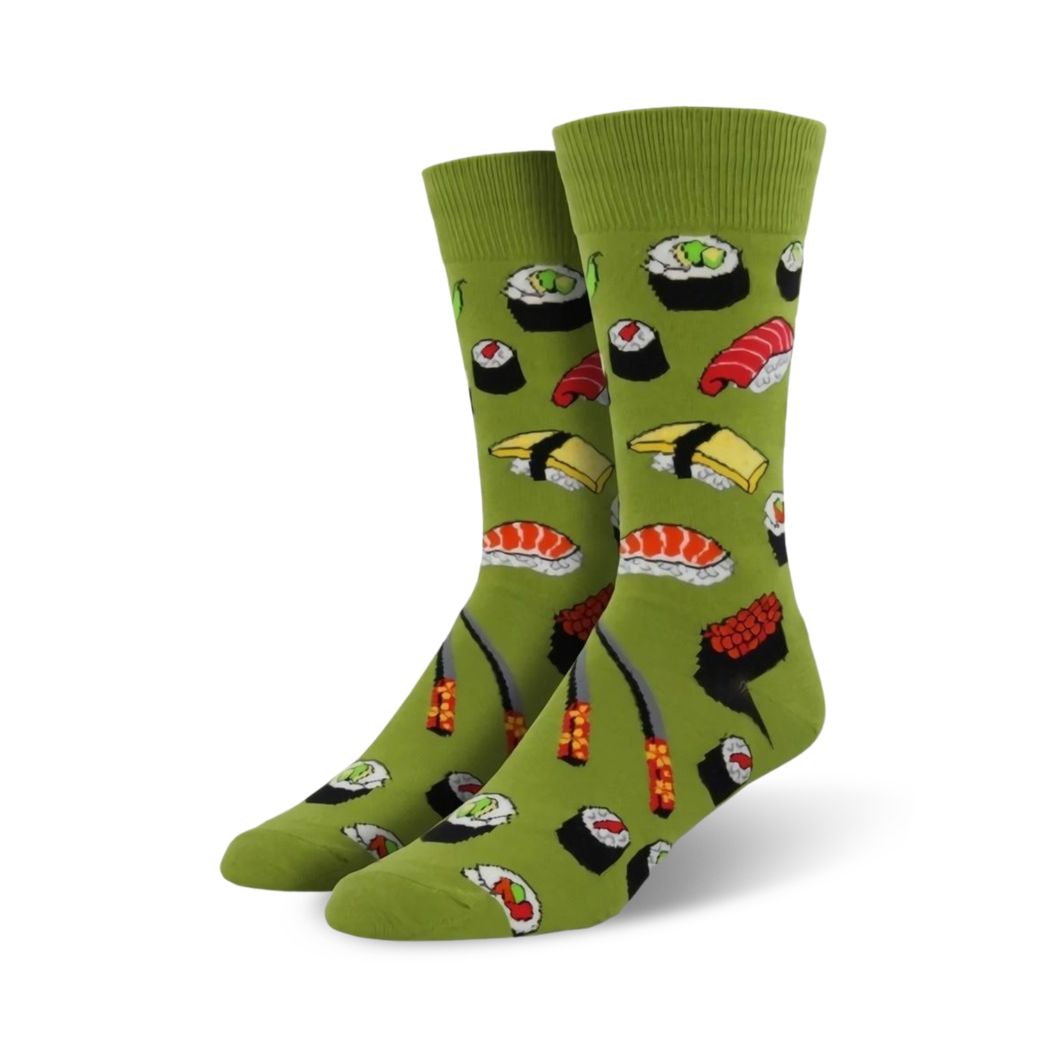 Lifestyle shot showing the green Sushi socks on a model's feet.
