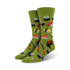 mens sushi crew socks in green cotton. featuring various sushi designs.   