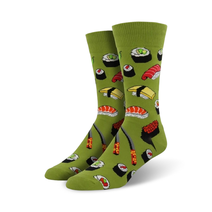 mens sushi crew socks in green cotton. featuring various sushi designs.   