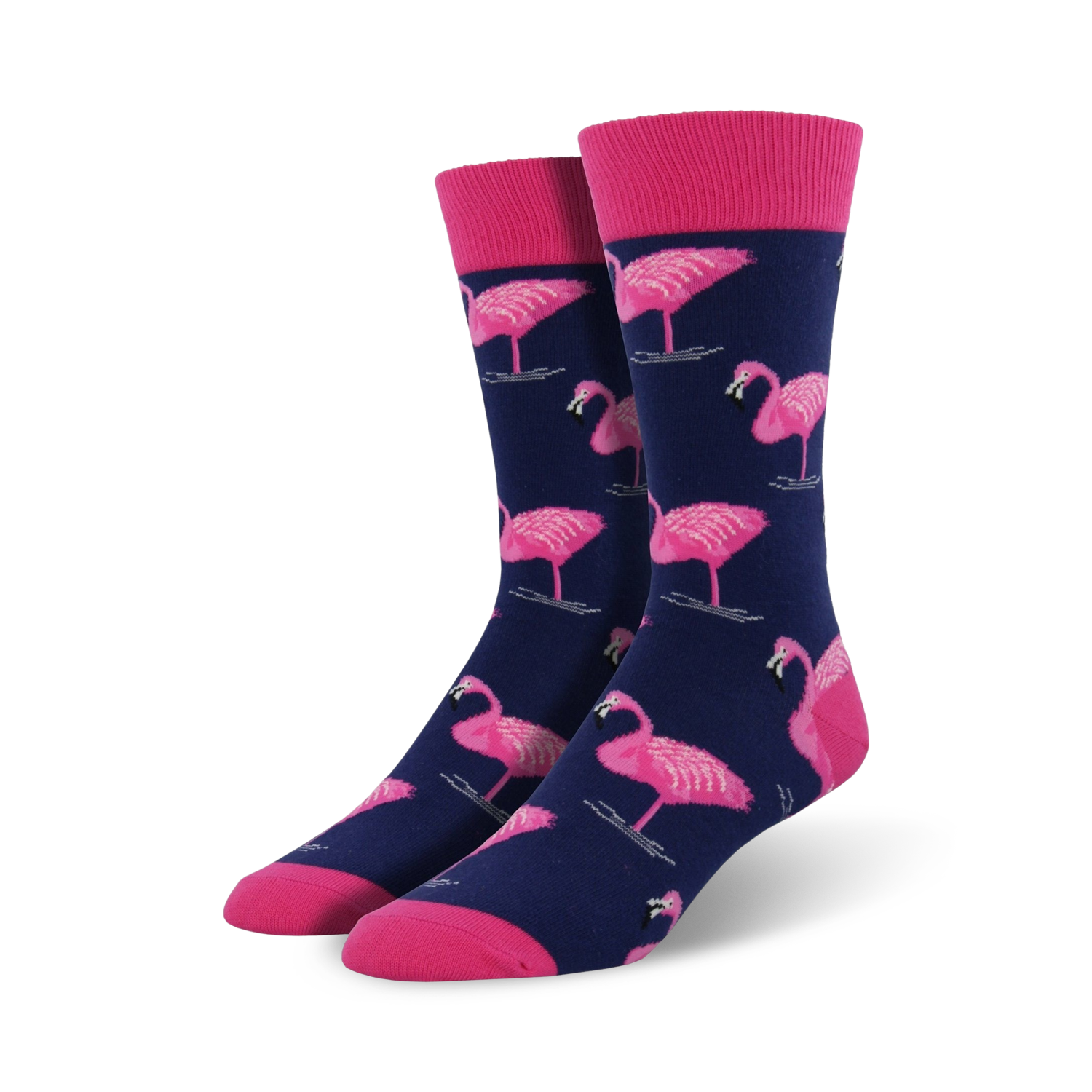 Pair of navy blue crew socks featuring a pink flamingo pattern.  Pink cuffs add a pop of color. Fun and stylish!