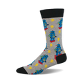 A crew sock in grey with a pattern of blue retro robots and yellow lightning bolts. The sock has a black cuff.