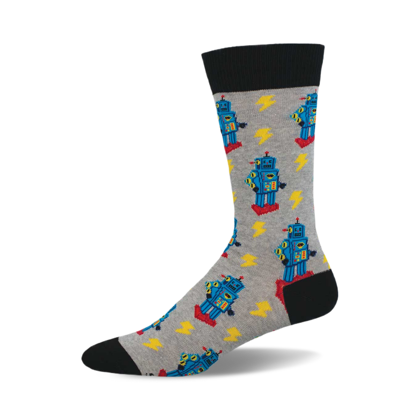 A crew sock in grey with a pattern of blue retro robots and yellow lightning bolts. The sock has a black cuff.