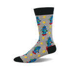A crew sock in grey with a pattern of blue retro robots and yellow lightning bolts. The sock has a black cuff.
