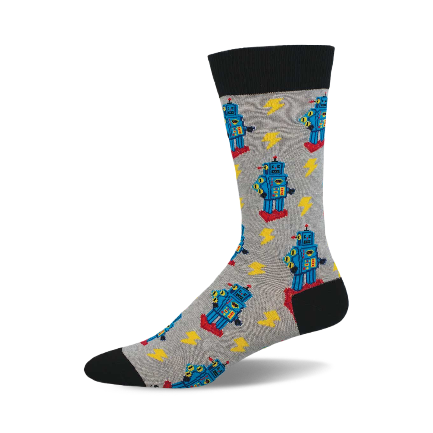 A crew sock in grey with a pattern of blue retro robots and yellow lightning bolts. The sock has a black cuff.