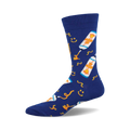 A pair of blue crew socks with a fun design of cheese spray cans and squiggly lines.  The cans are orange and white.