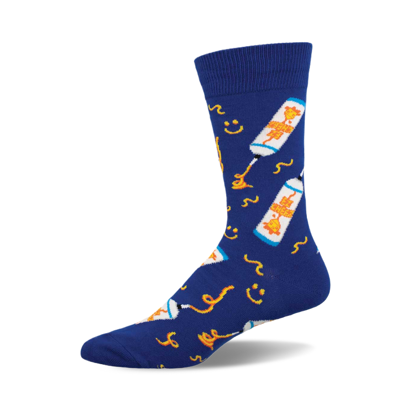 A pair of blue crew socks with a fun design of cheese spray cans and squiggly lines.  The cans are orange and white.