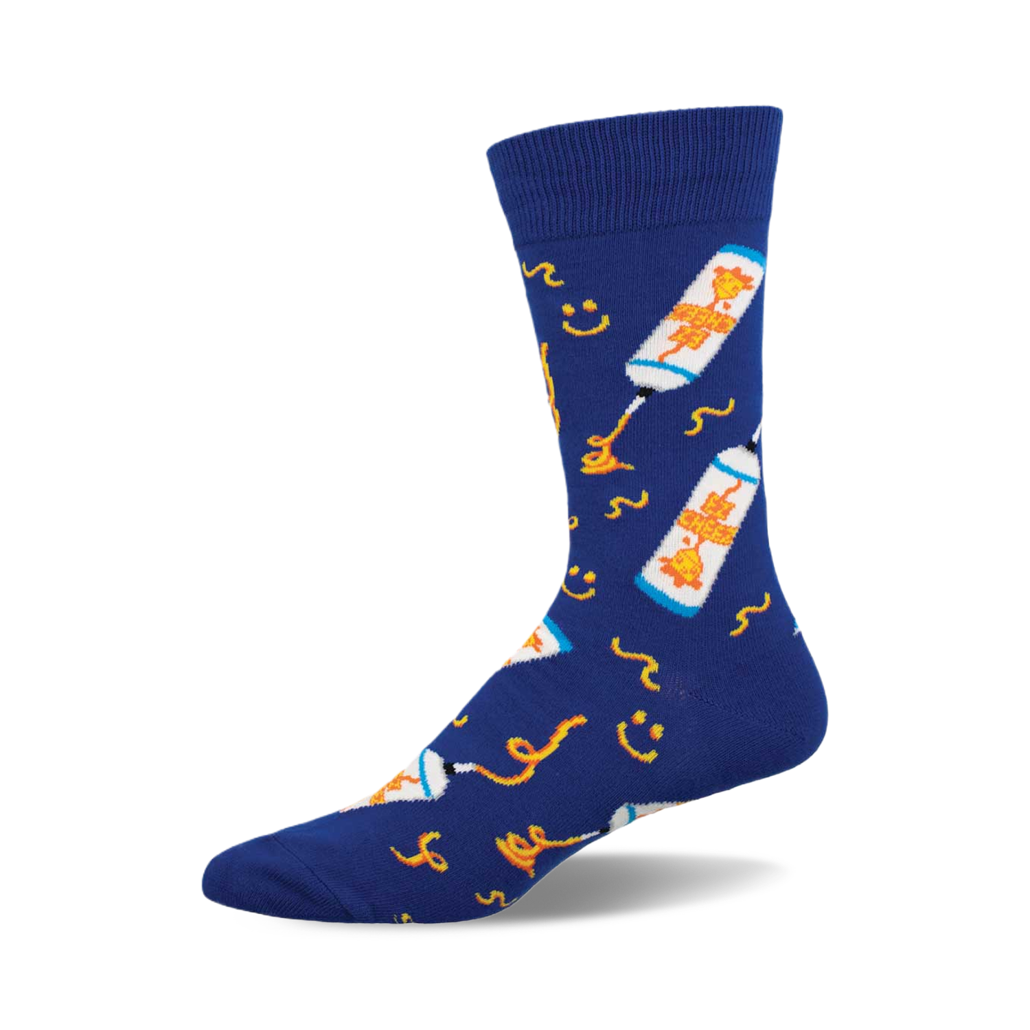A pair of blue crew socks with a fun design of cheese spray cans and squiggly lines.  The cans are orange and white.