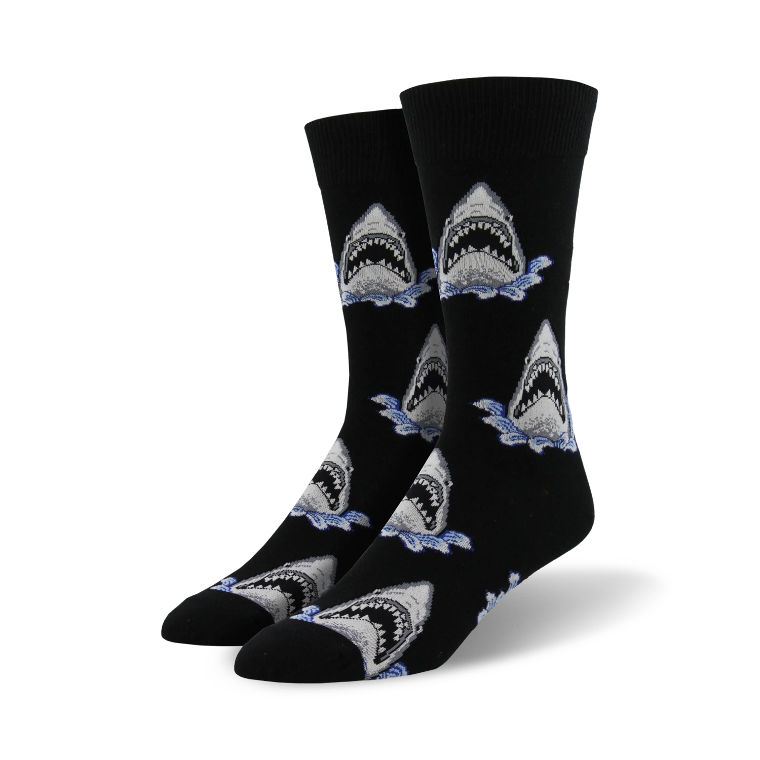 Lifestyle shot showing the black 'Shark Attack' socks on a person's feet, showcasing how they look when worn.