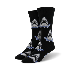 shark attack crew socks: black with light blue wave pattern; great white shark pattern; men's   