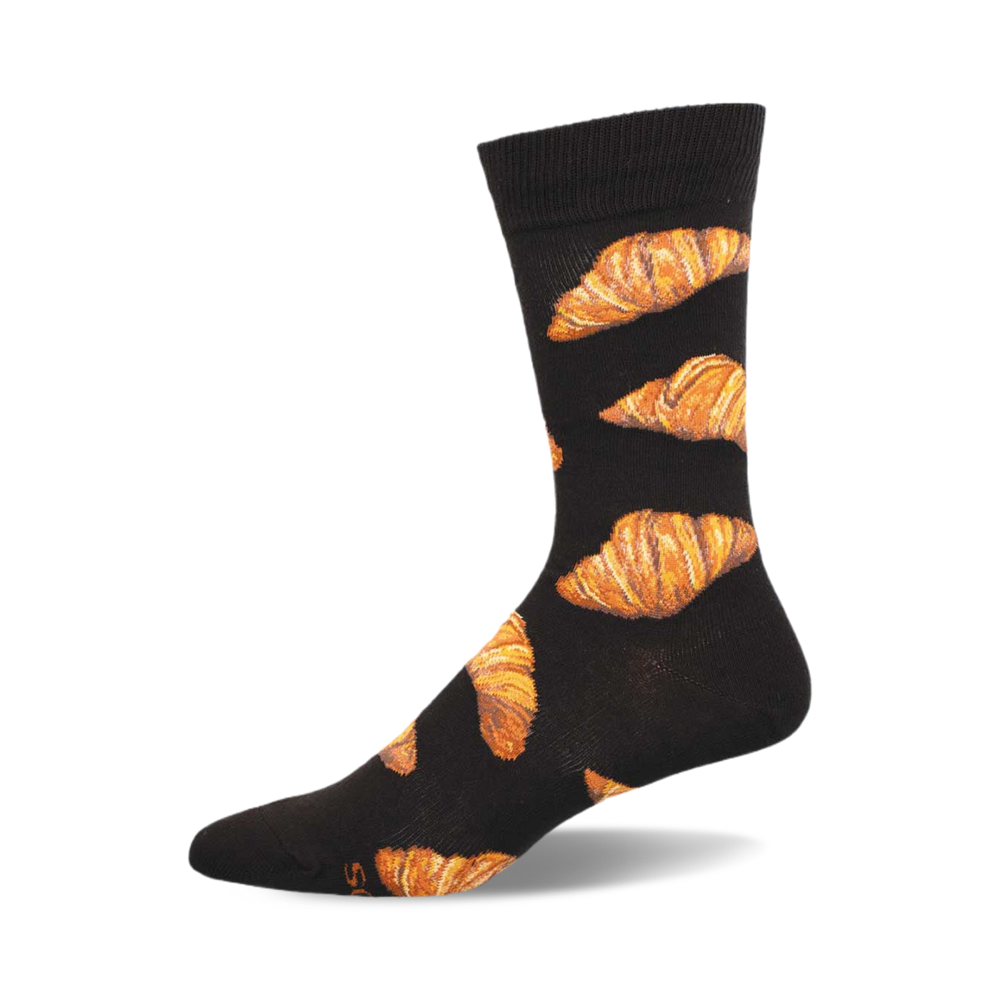 Black crew socks with a repeating pattern of golden brown croissants. These fun socks are perfect for adding a touch of personality to any outfit.
