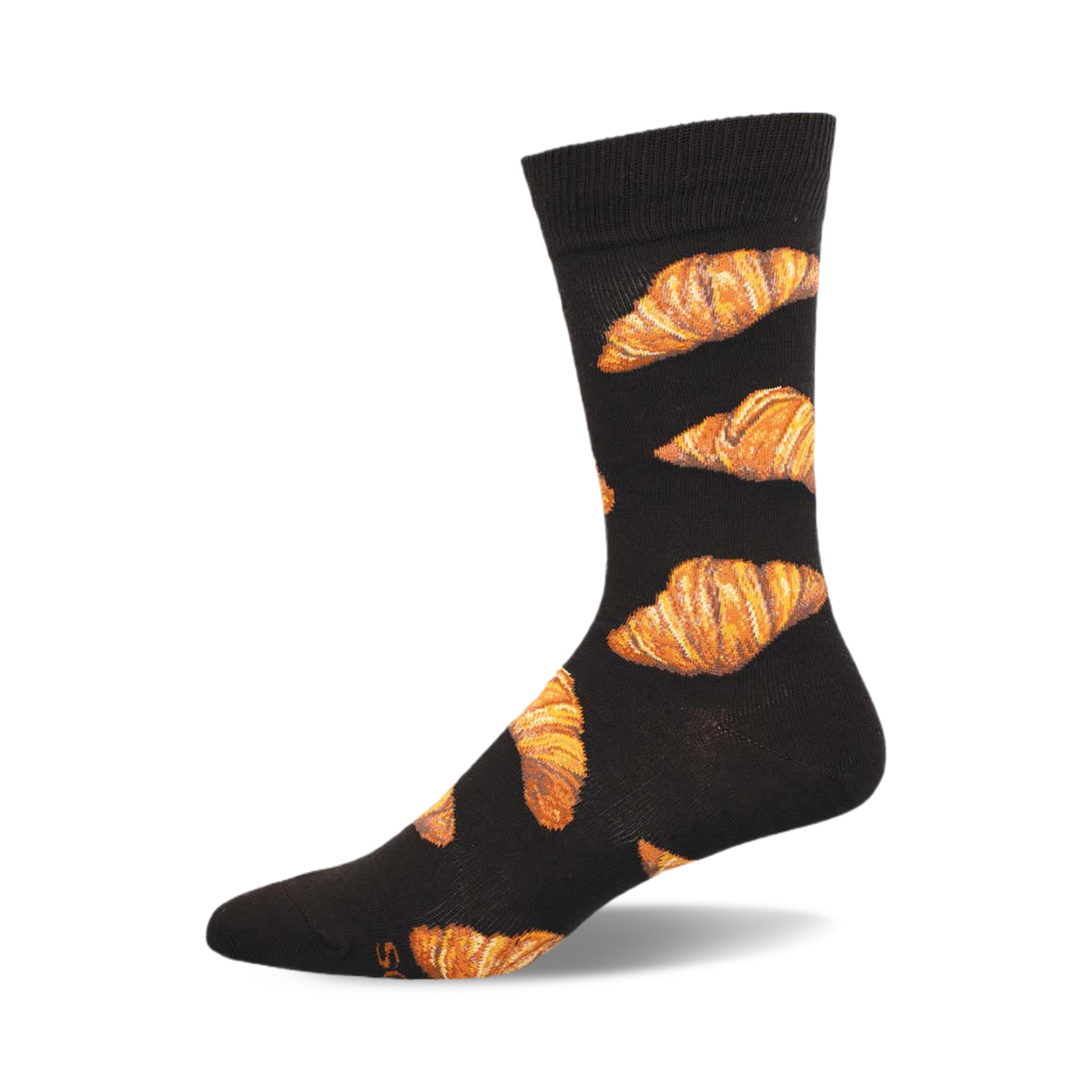 Black crew socks with a repeating pattern of golden brown croissants. These fun socks are perfect for adding a touch of personality to any outfit.