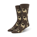 Pair of crew socks, brown with a repeating pattern of beige pugs. Comfortable and fun!