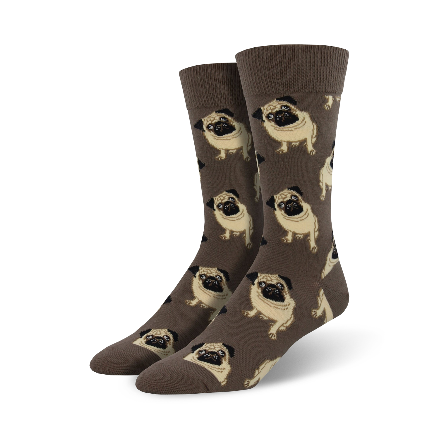 Pair of crew socks, brown with a repeating pattern of beige pugs. Comfortable and fun!