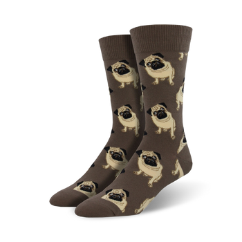 mens crew socks with pattern of standing pugs wearing pawsome expressions.  