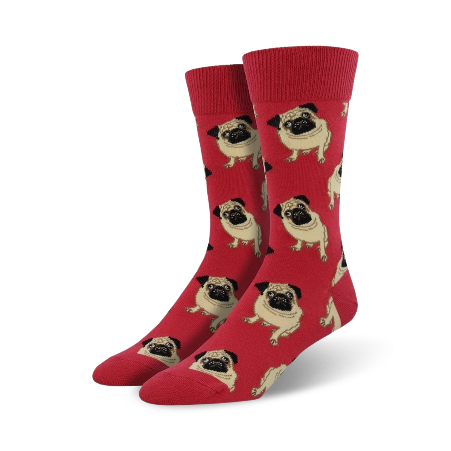 Close-up of red crew socks featuring a pattern of pugs. Fun and colorful!