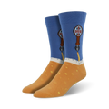 Pair of crew socks; blue and orange, depicting beer taps and foam.