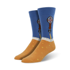 Pair of crew socks; blue and orange, depicting beer taps and foam.