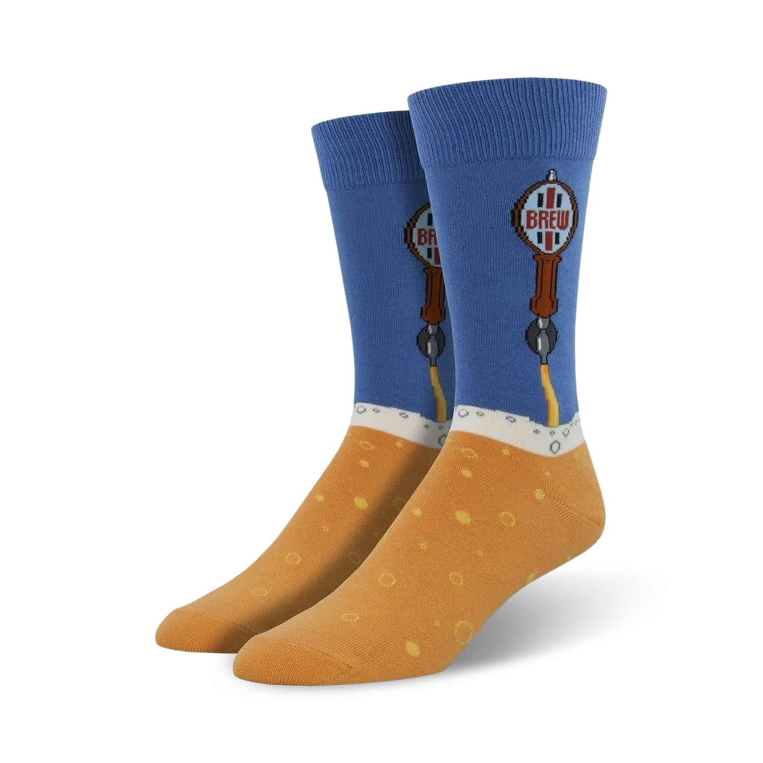 Pair of crew socks; blue and orange, depicting beer taps and foam.