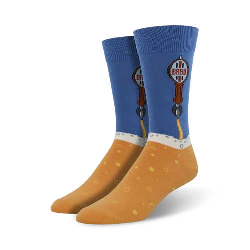 Pair of crew socks; blue and orange, depicting beer taps and foam.