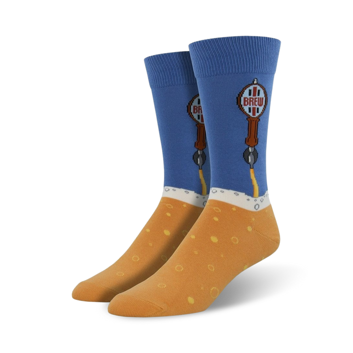blue crew socks with beer tap pattern. perfect for beer lovers.  