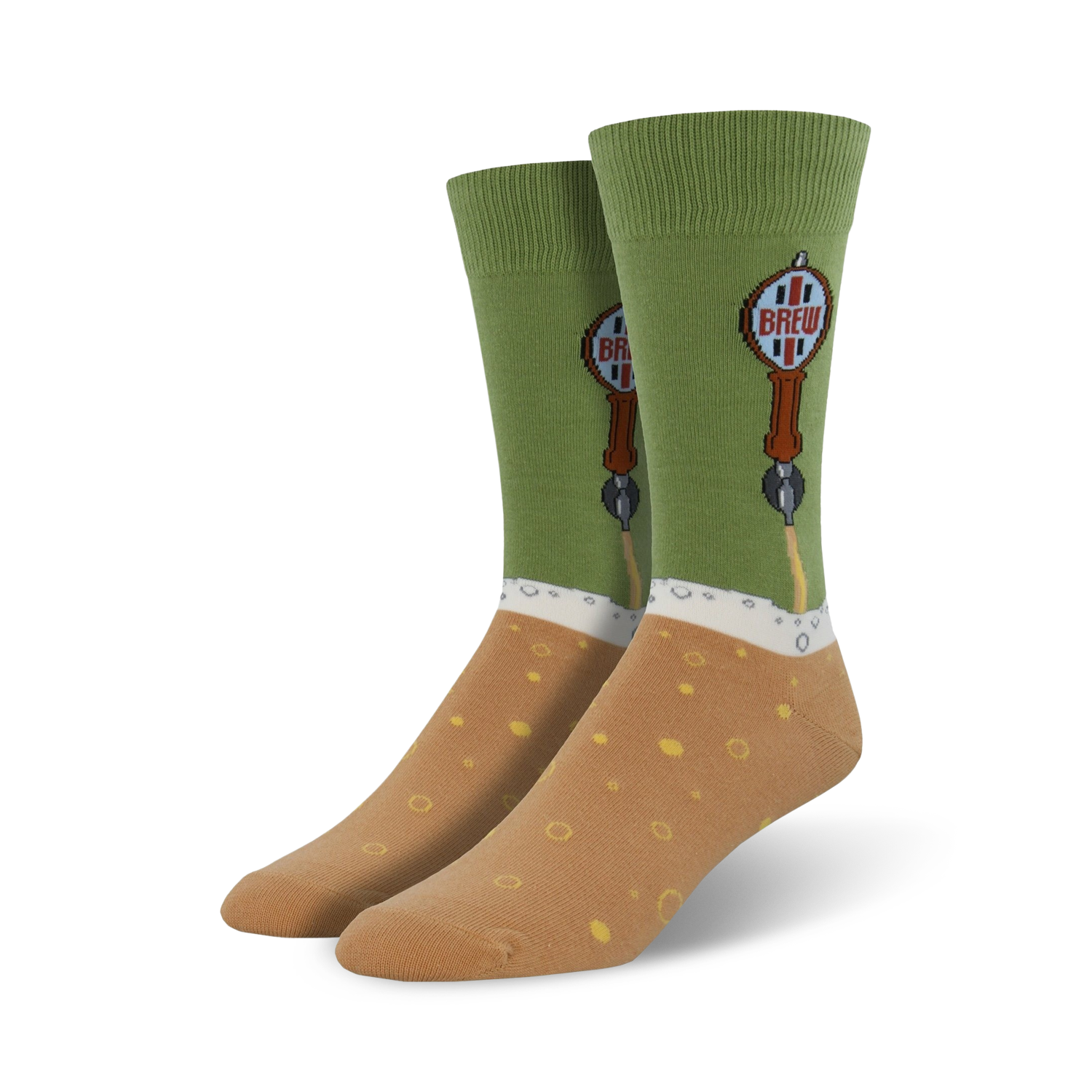 Lifestyle shot showing the green Beer Tap socks on a person's feet.