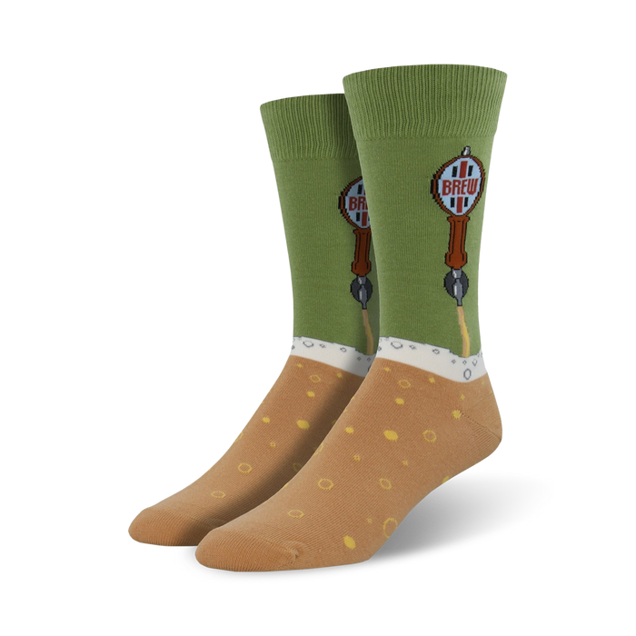 mens crew length beer tap socks (dark green with a pattern of classic beer taps).  